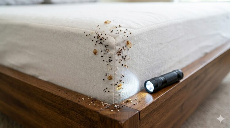 Bed bug signs near mattress corner — dark fecal spots, shed skins, and live bugs in seam