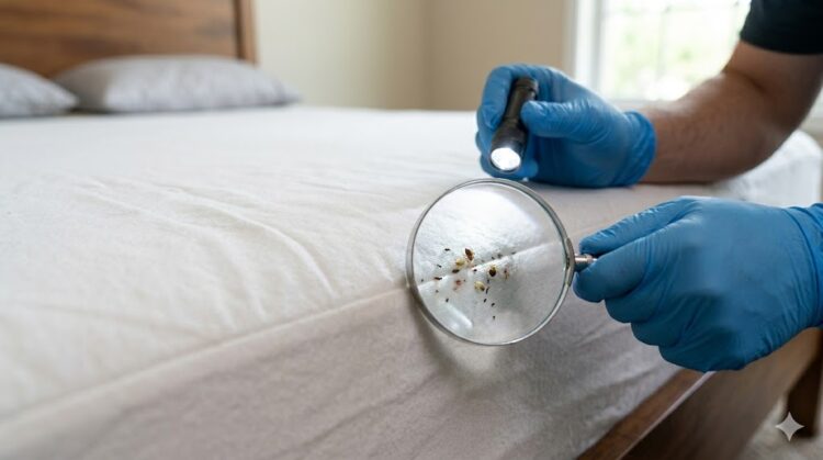 Bed bug signs near mattress corner
