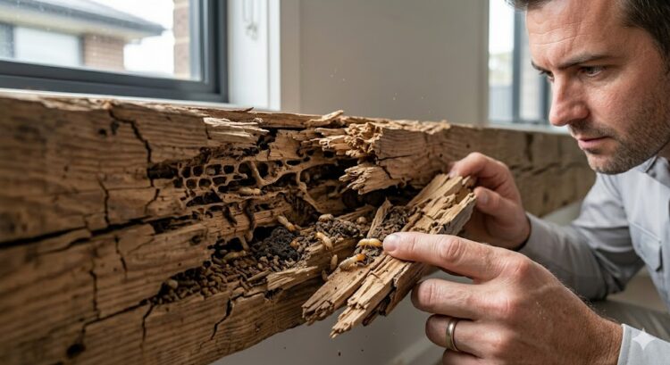 termite damage inside wooden beam in house