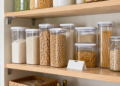 Pantry moth trap placed on a kitchen pantry shelf near dry food containers