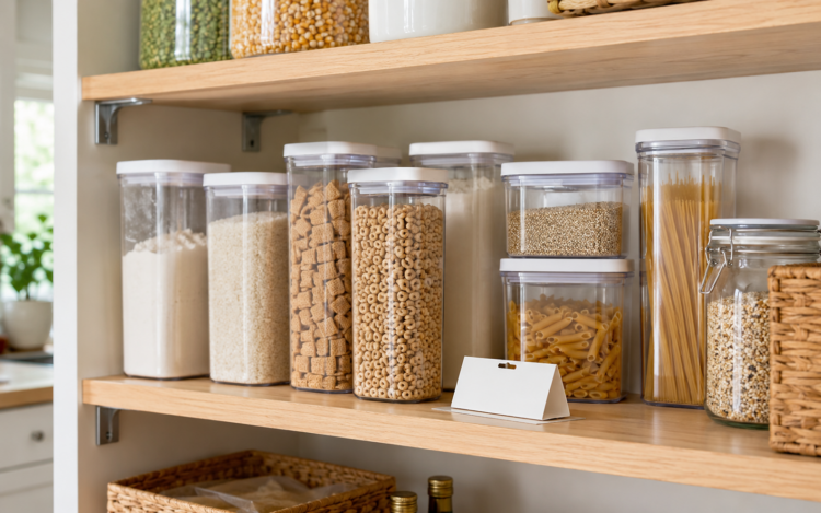 Pantry moth trap placed on a kitchen pantry shelf near dry food containers