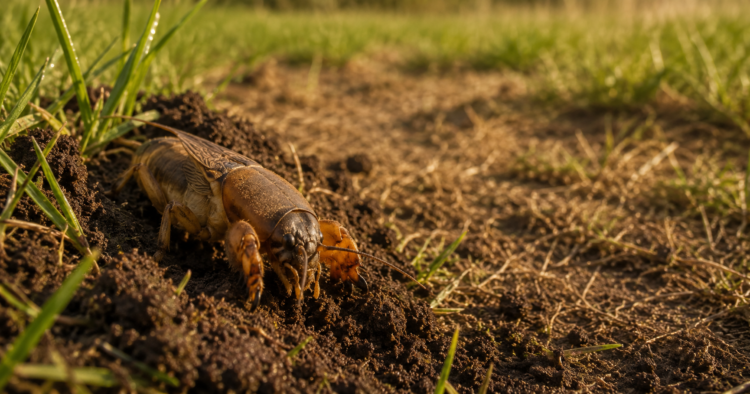 Mole cricket on damaged lawn