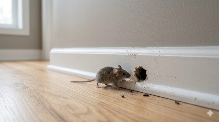 mouse near a small wall opening inside a home
