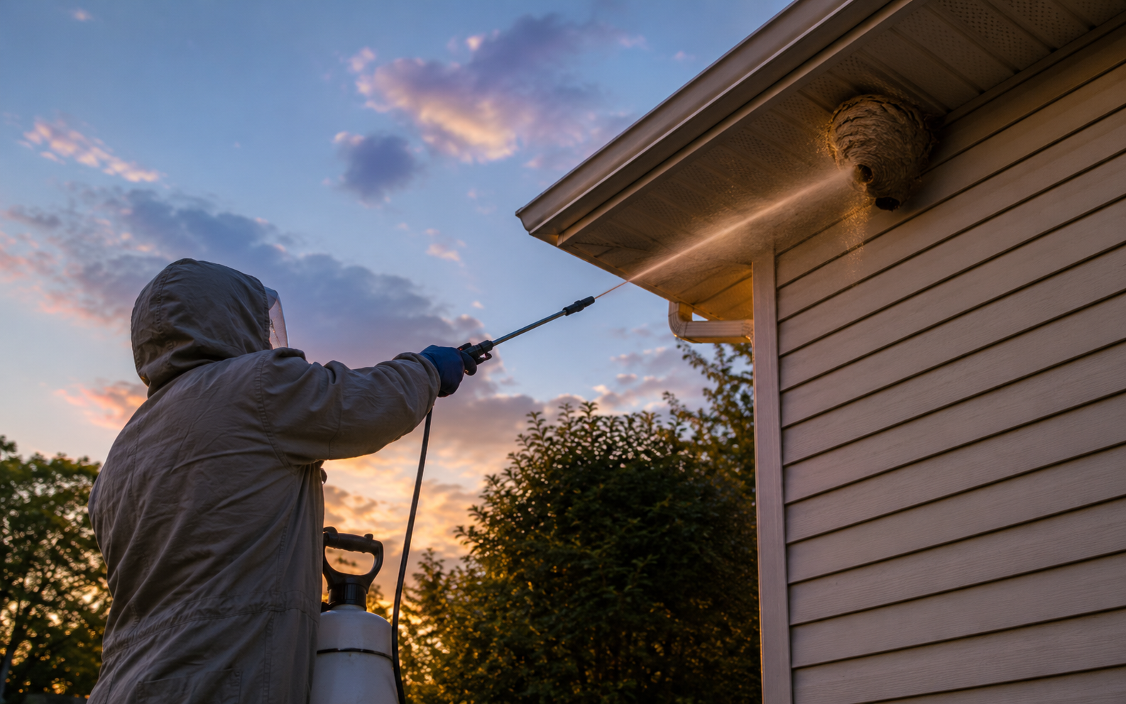 Homeowner in protective clothing spraying paper wasp nest
