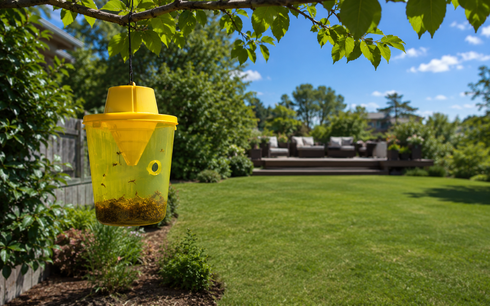 Wasp trap hanging on property perimeter 