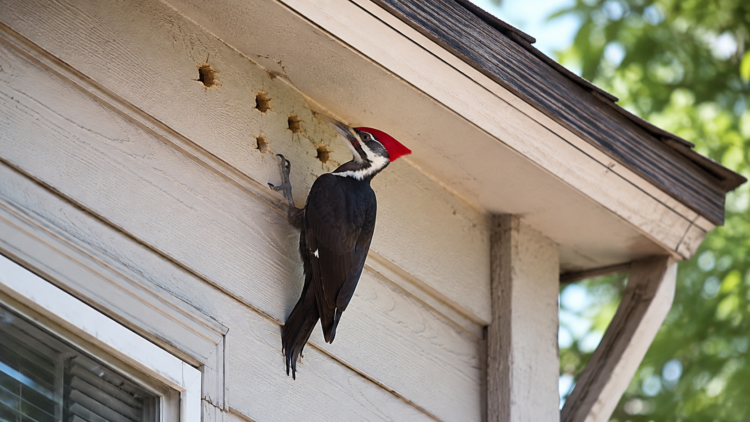 Woodpecker clinging to house siding near small peck holes and exterior trim