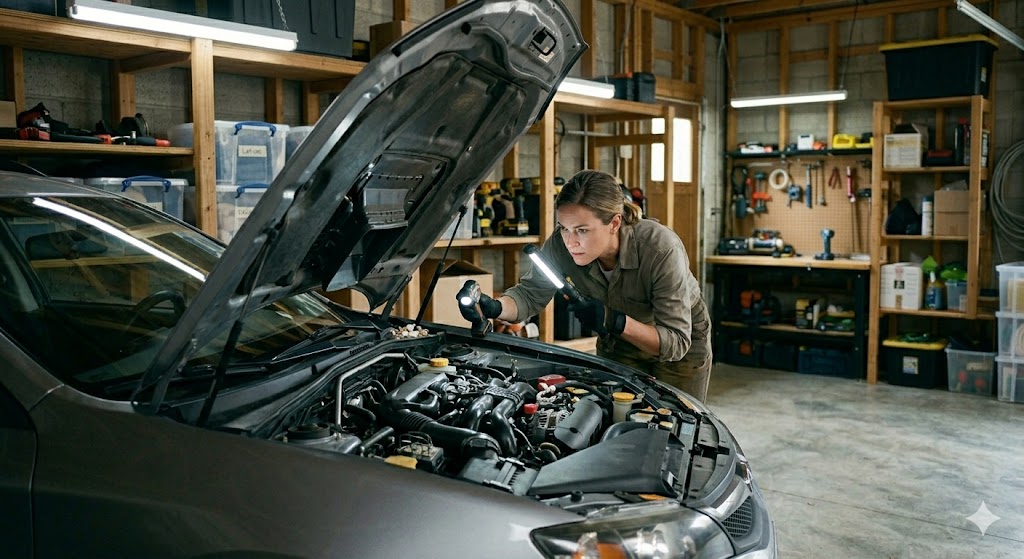 Checking a car engine bay for mouse nesting in a garage