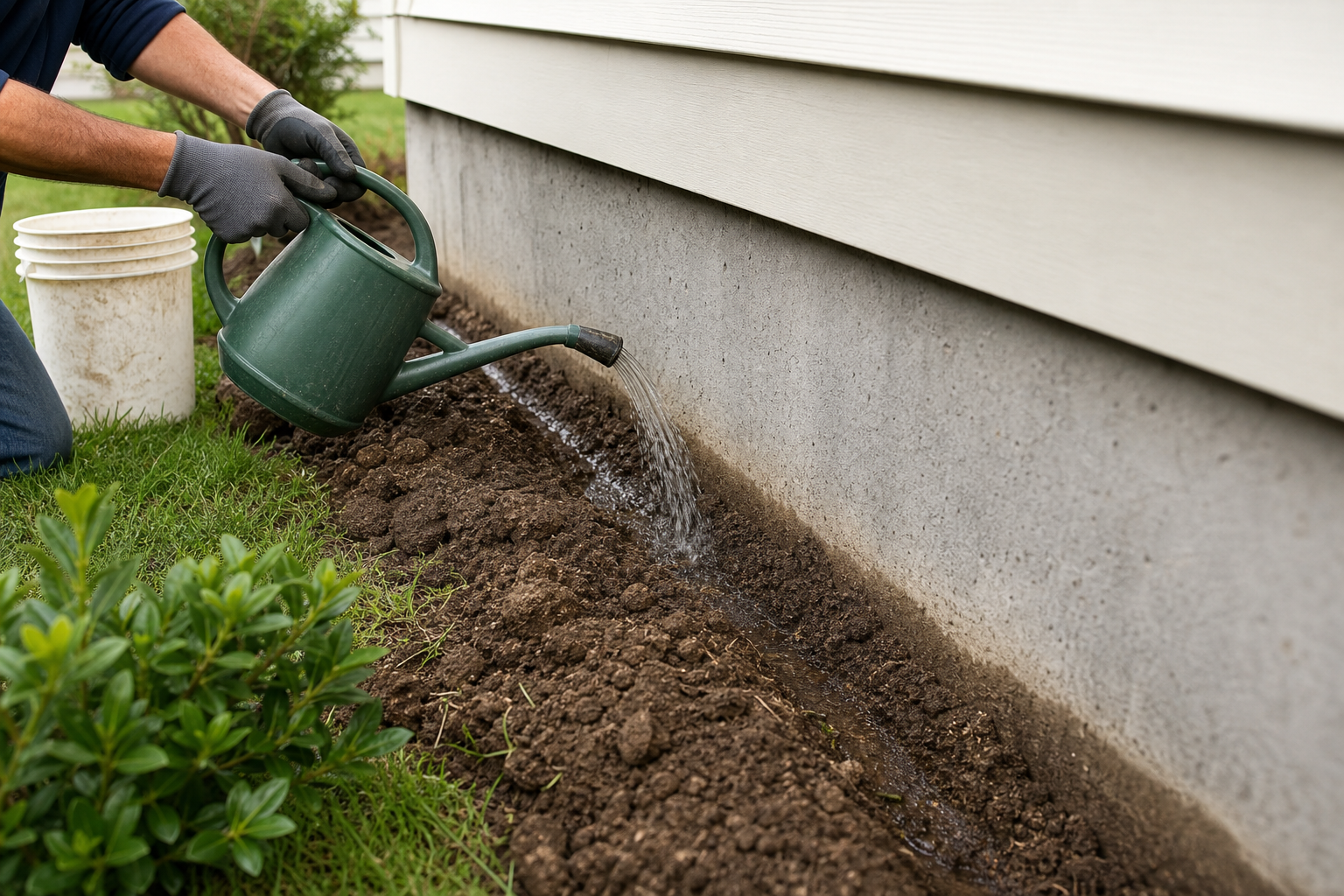 DIY termite soil treatment trench around a home foundation