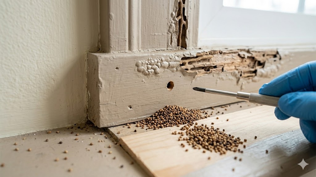 drywood termite damage with frass near wood