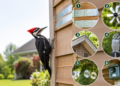 woodpecker on wooden house siding