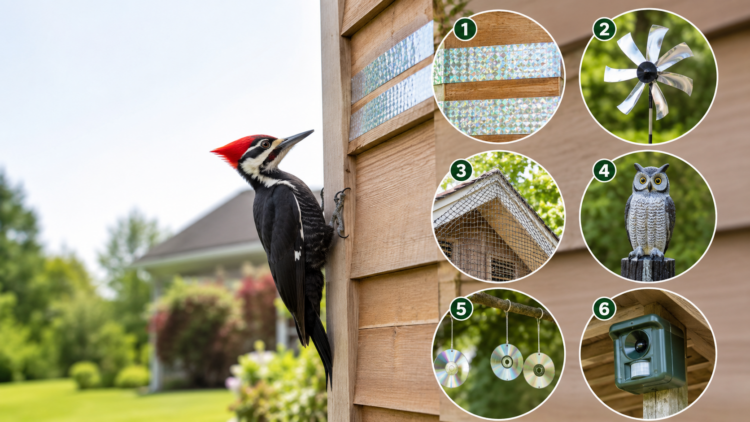 woodpecker on wooden house siding