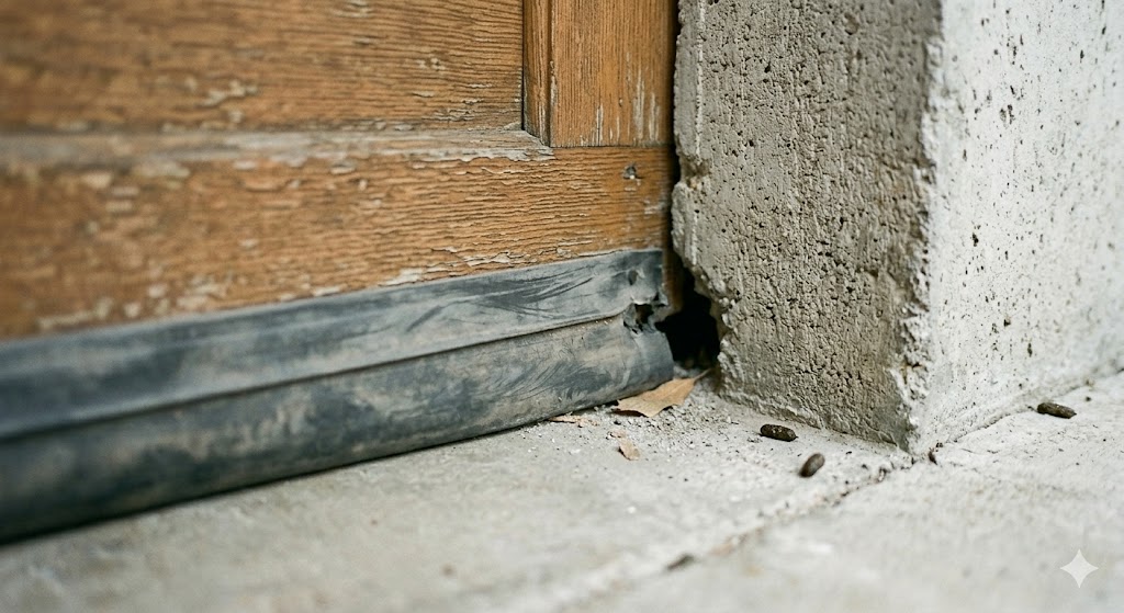Small gap under a garage door where mice can enter