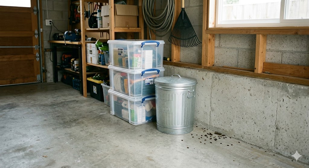Mouse droppings near storage boxes in a garage