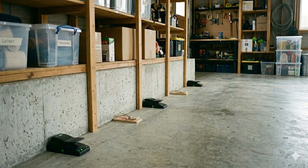 Mouse traps placed along a garage wall