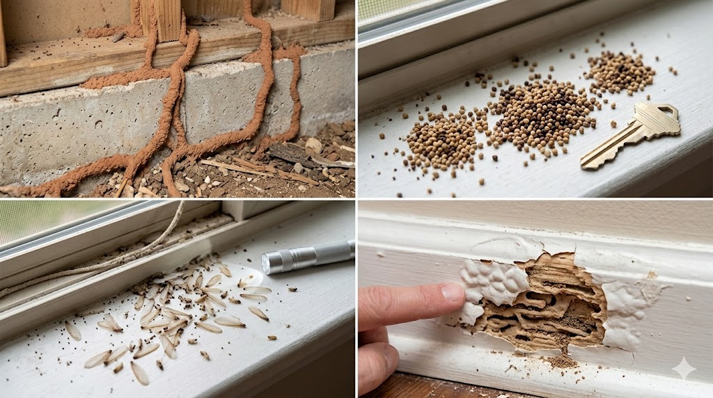 common termite signs including mud tubes frass wings and damaged wood