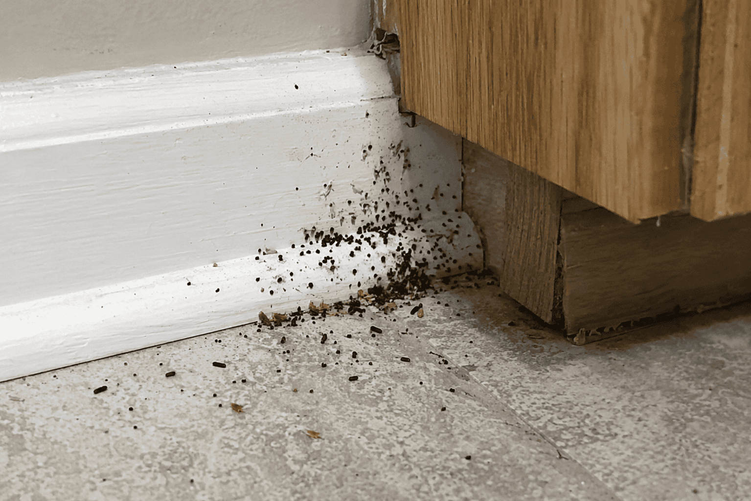 Cockroach droppings and smear marks along a baseboard