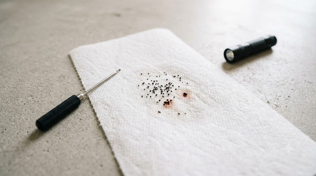 Dark specks on a white paper towel used to check for possible flea dirt