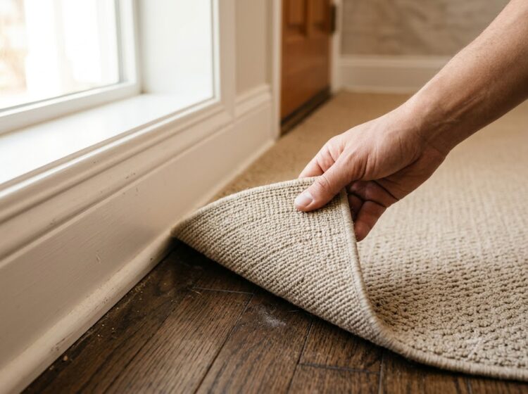 Rug and baseboard area where signs of fleas may be checked indoors