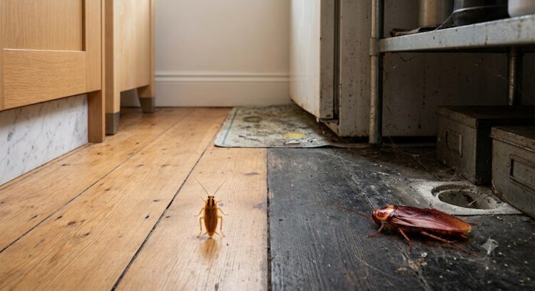 German cockroach and American cockroach size comparison on a kitchen floor
