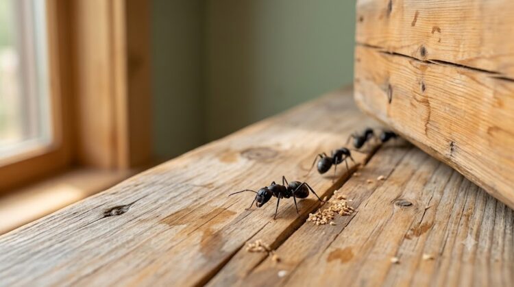 Black carpenter ants on weathered wood near small piles of sawdust frass