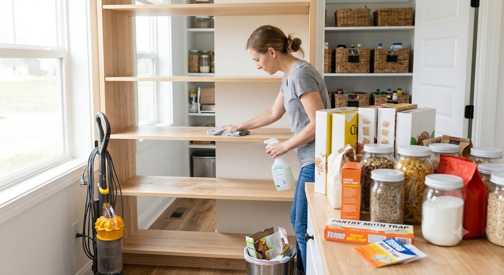 Cleaning pantry shelves for moth control