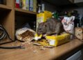 A large rat chewing a pasta box and an electrical wire on a countertop.