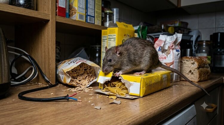 A large rat chewing a pasta box and an electrical wire on a countertop.