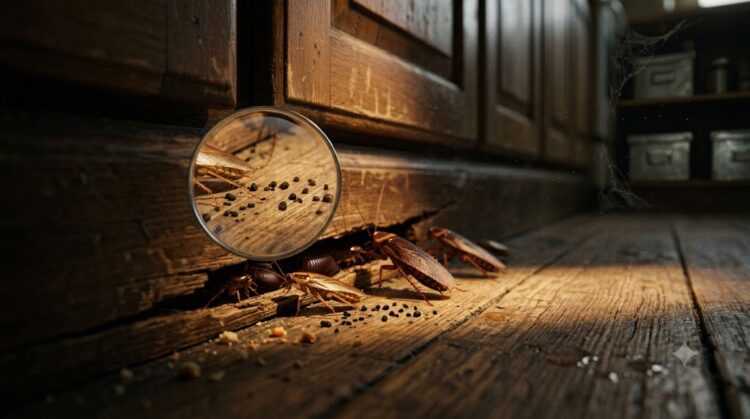 Signs of cockroach infestation — visual reference of droppings, egg cases, smear marks