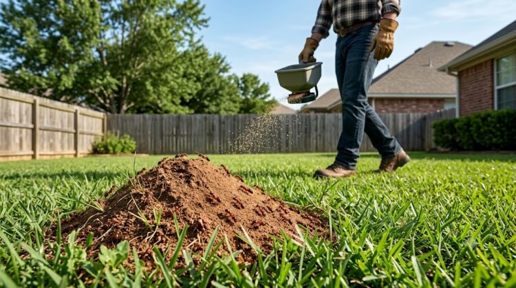 Fire ant mound in a lawn before yard treatment