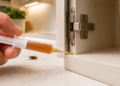 Syringe applying amber cockroach gel bait into a cabinet hinge
